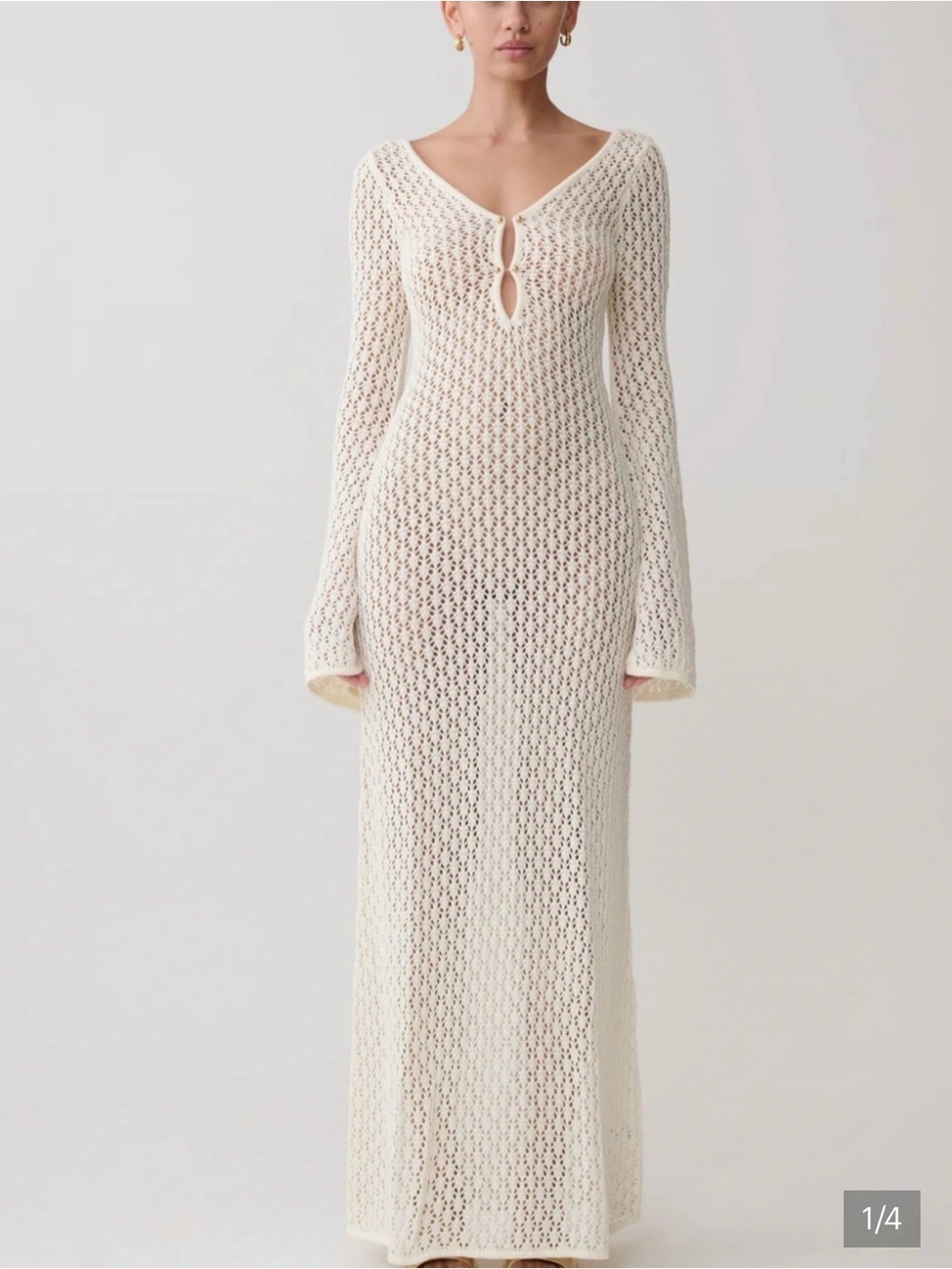 MESHKI Kayleigh Crochet Fishtail Flare Sleeve Maxi Dress - White